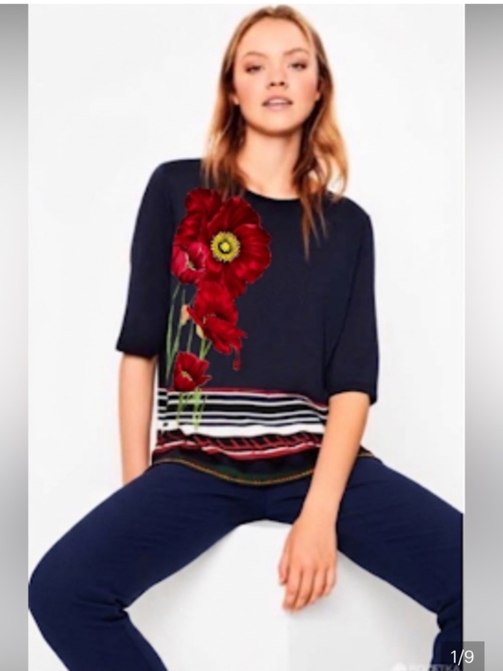 Desigual Dark Blue Flowered Shirt Top Blouse Size M